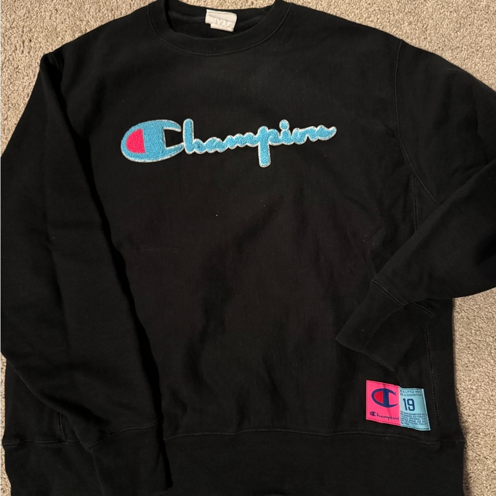 Champion Black Crewneck Sweater with Blue Logo